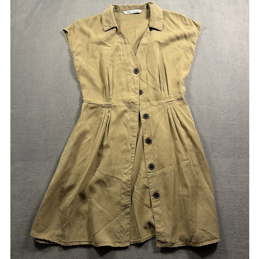Zara Khaki Olive Green Pleated Shirt Dress Women's Small Button Down Mini